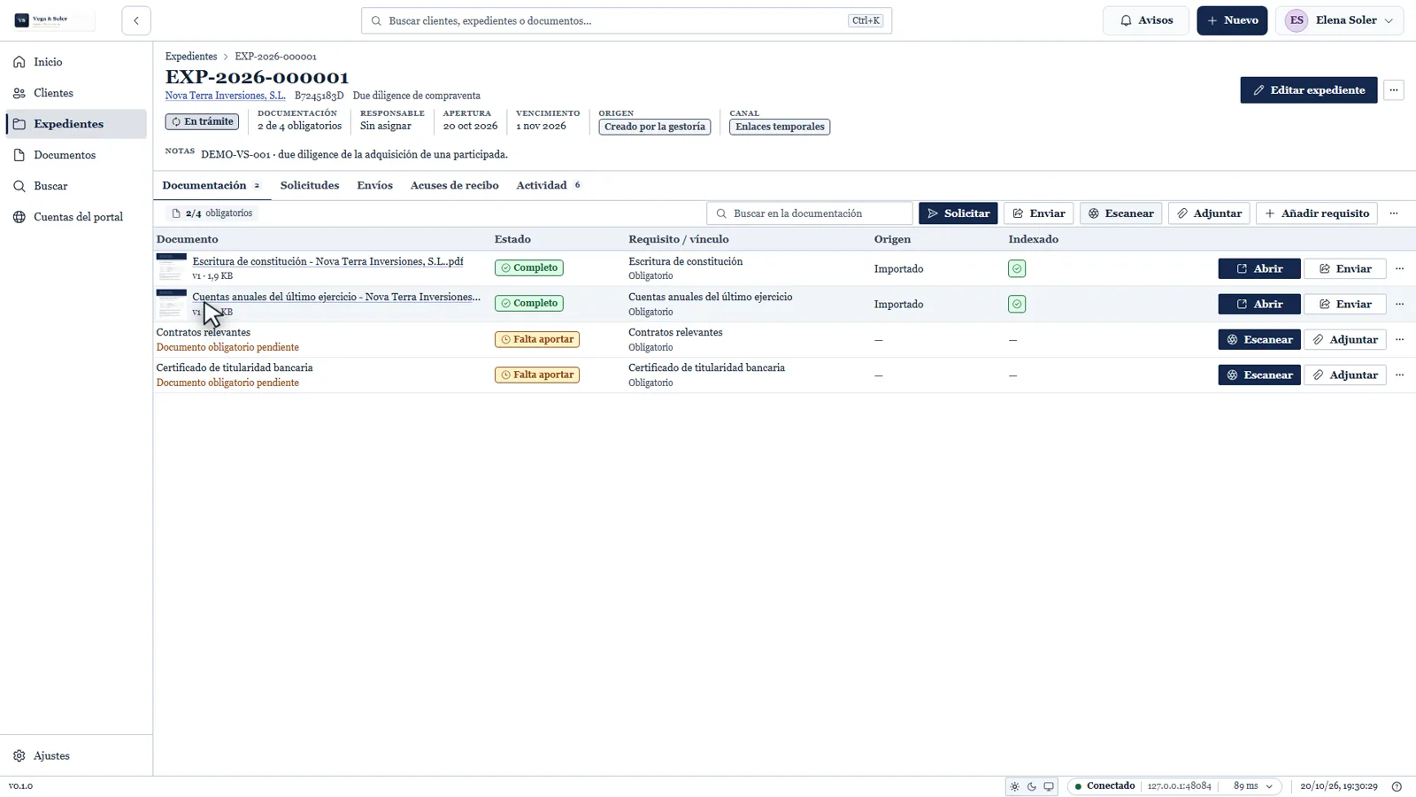 DocuCentral: expediente de demostración con documentos recibidos, pendientes y estado de cada requisito