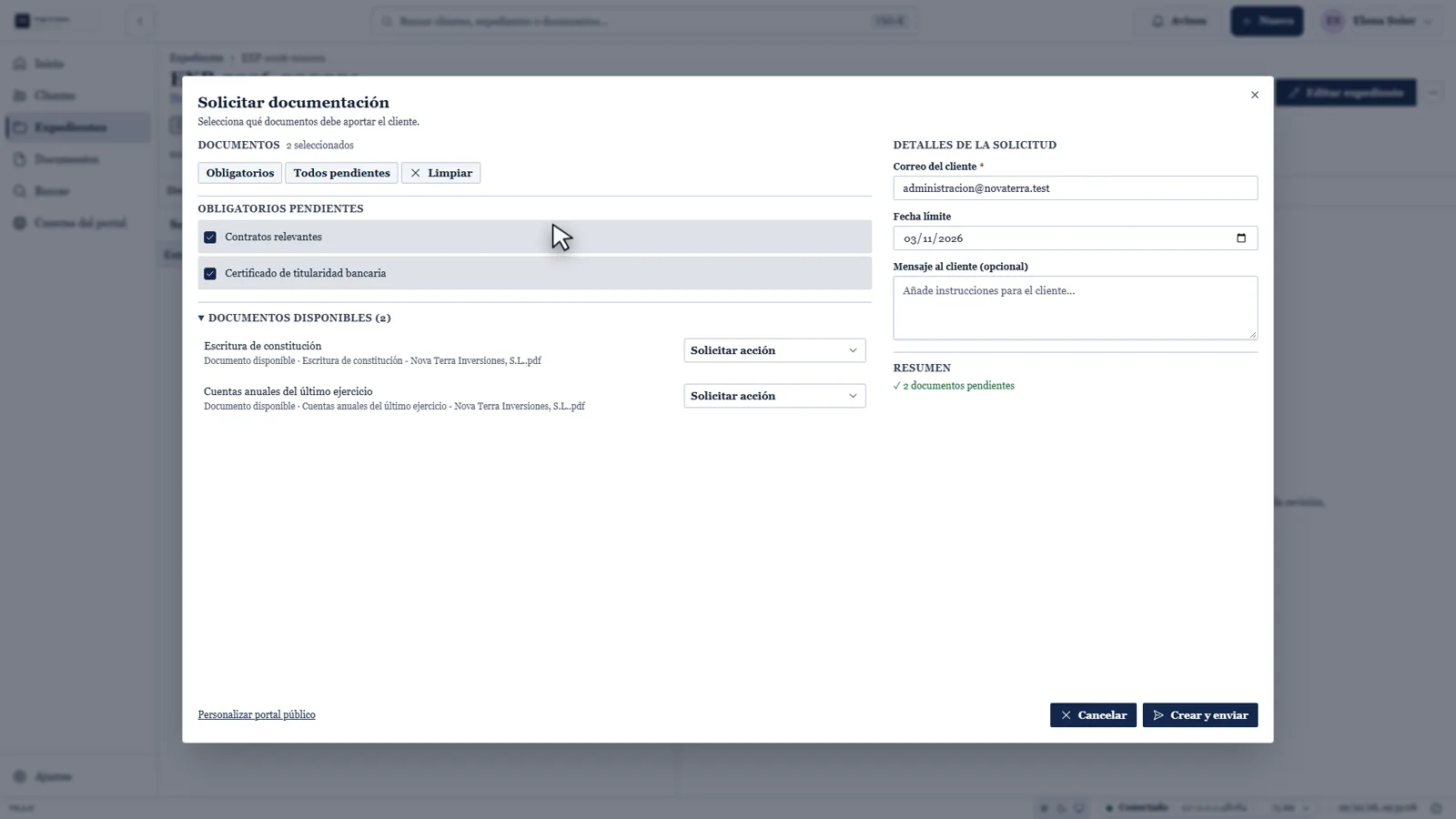 DocuCentral: solicitud de documentación con requisitos obligatorios y fecha límite